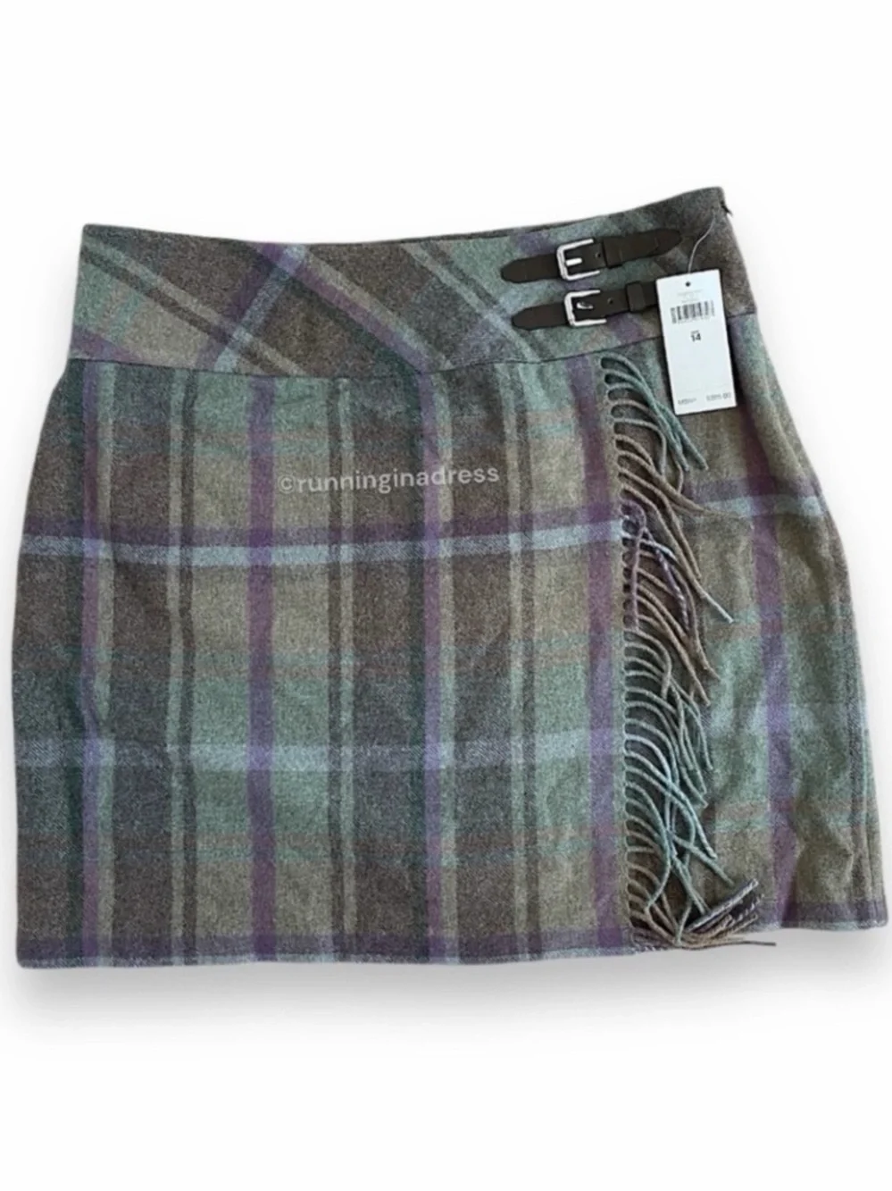 NWT Lauren Ralph Lauren Wool Plaid Kilt Skirt Fringe Tweed Wrap Green Purple 14